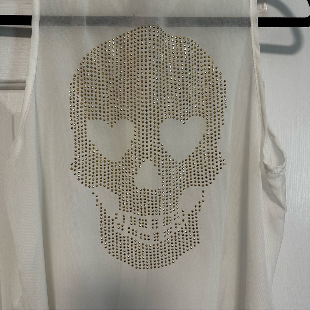 Body Central White Asymmetrical Sleeveless Blouse with Studded Skull